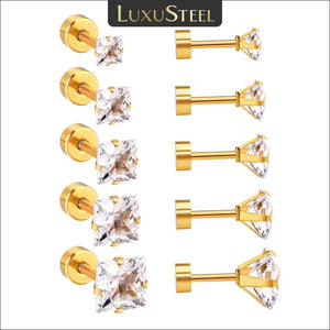 5Pairs CZ Earrings Women Men Stainless Steel Crystal Zircon Stud Earring Set