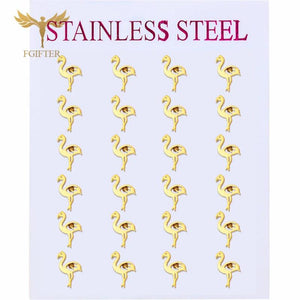12 Pairs Flamingo Bird Earrings Set Golden Stainless Steel Jewelry