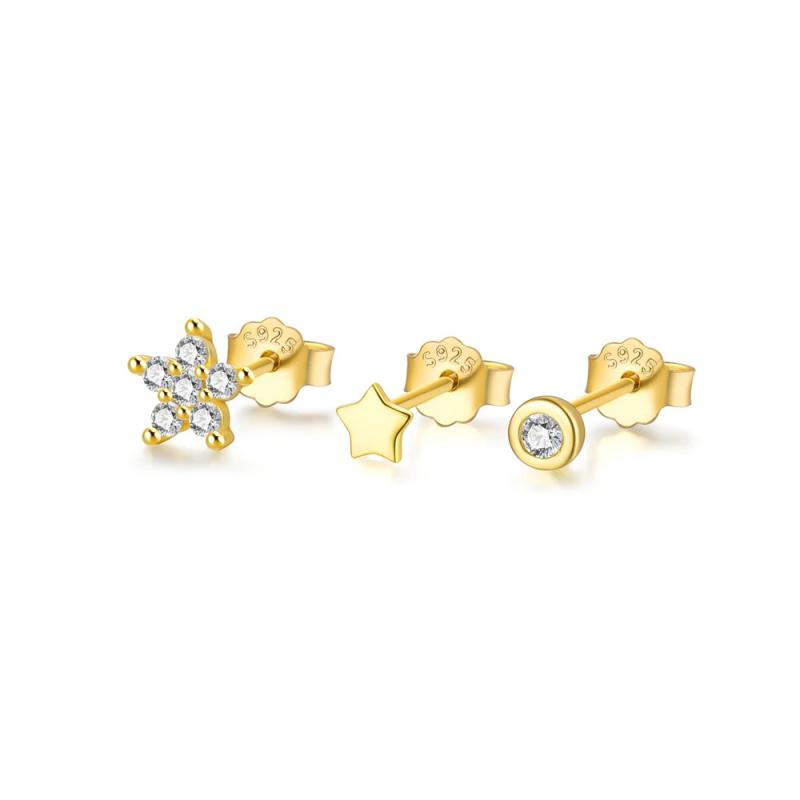 Zirconia 925 Silver Stud Earrings Heart Stars Set
