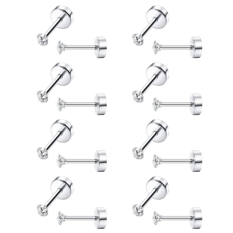 8 Pairs CZ Cartilage Stud Earrings Tiny Round 2MM Piercing