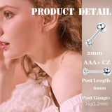 8 Pairs CZ Cartilage Stud Earrings Tiny Round 2MM Piercing