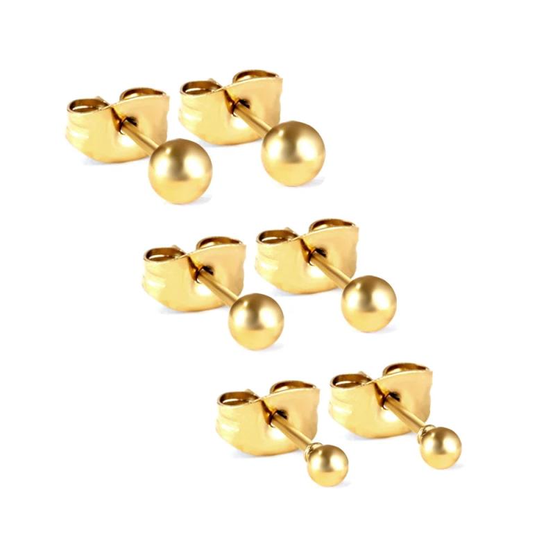 3 Pairs Metal Circle Ball Stainless Steel Stud Earrings