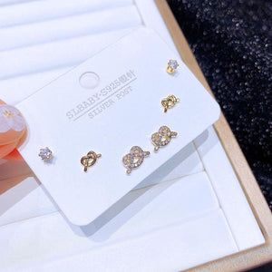 3-Pair Crystal Heart Stud Earrings Set for Women, CZ Jewelry