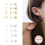925 Silver Stud Earring Women Zircon Star Moon Piercing Earings