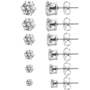 6 Pairs Clear CZ Zirconia Stud Earrings Set Stainless Steel Piercing
