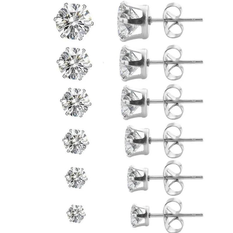 6 Pairs Clear CZ Zirconia Stud Earrings Set Stainless Steel Piercing