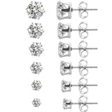 6 Pairs Clear CZ Zirconia Stud Earrings Set Stainless Steel Piercing