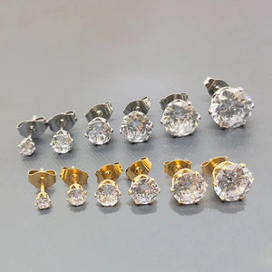 6 Pairs Clear CZ Zirconia Stud Earrings Set Stainless Steel Piercing