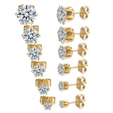 6 Pairs Clear CZ Zirconia Stud Earrings Set Stainless Steel Piercing