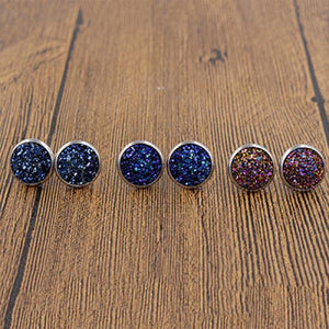 3Pair/Set Round Stud Earrings Stainless Steel Druzy Resin For Womens Girls