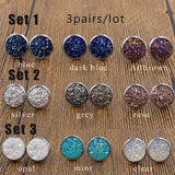 3Pair/Set Round Stud Earrings Stainless Steel Druzy Resin For Womens Girls