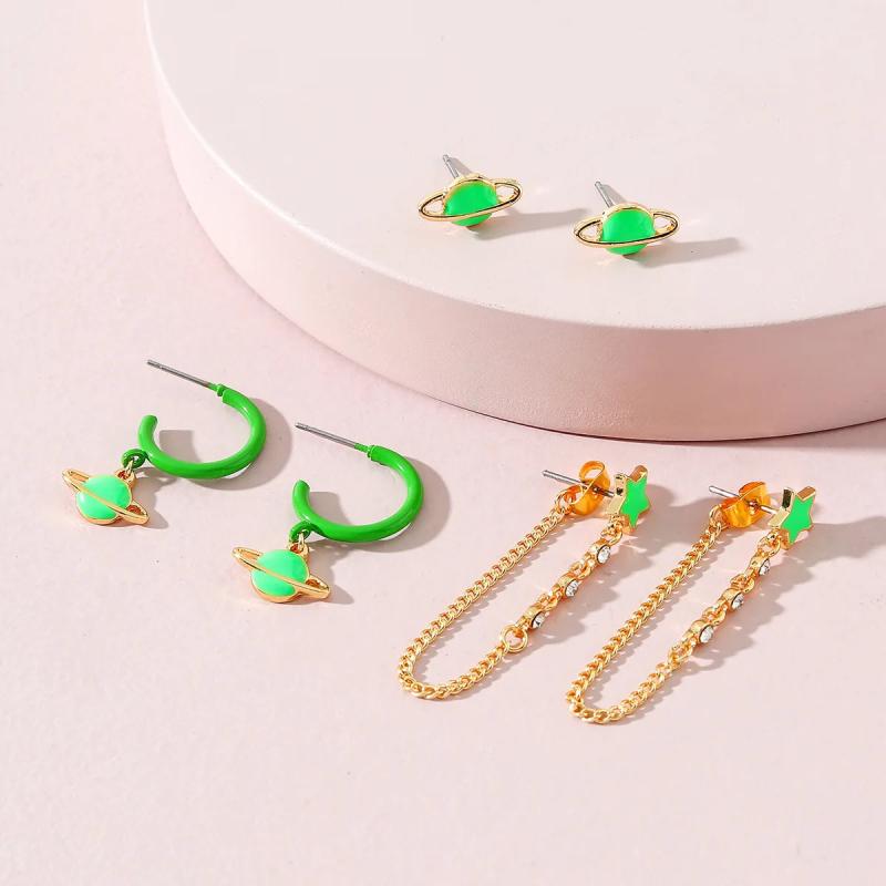 Green Drip Earrings Set Metal Candy Spaceship Little Star Earrings