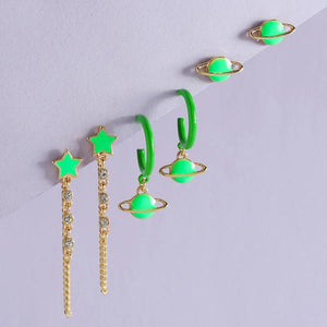 Green Drip Earrings Set Metal Candy Spaceship Little Star Earrings