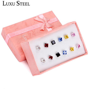 Colorful Square Crystal Stud Earrings Stainless Steel 6Pairs/Boxes