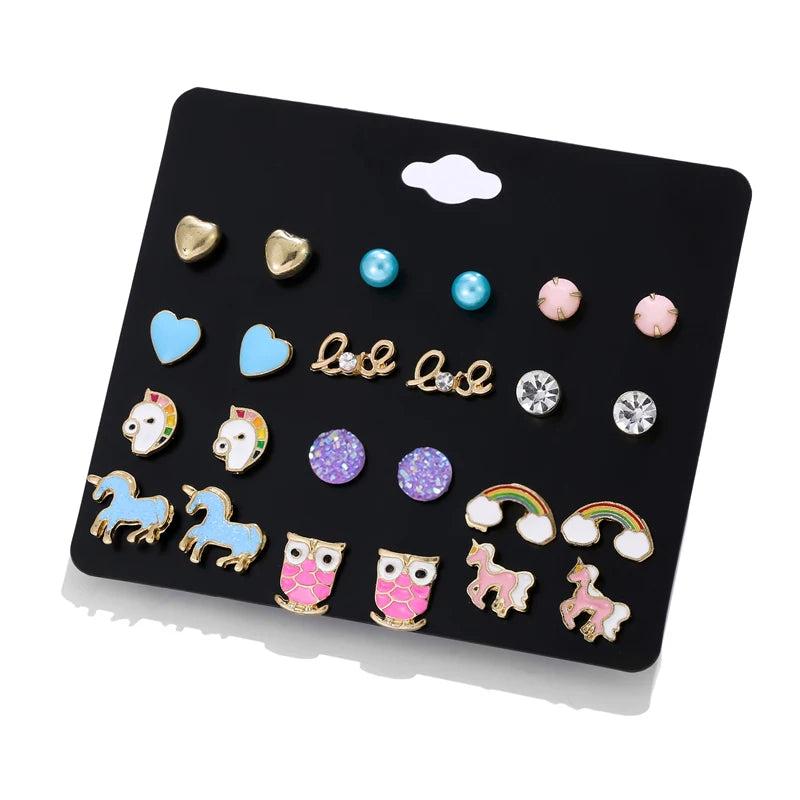 12 Pairs Kids Unicorn Owl Rainbow Love Ear Studs Set