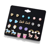 12 Pairs Kids Unicorn Owl Rainbow Love Ear Studs Set