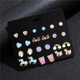12 Pairs Kids Unicorn Owl Rainbow Love Ear Studs Set