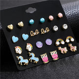 12 Pairs Kids Unicorn Owl Rainbow Love Ear Studs Set