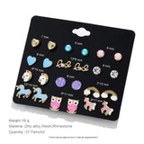 12 Pairs Kids Unicorn Owl Rainbow Love Ear Studs Set