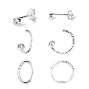 925 Sterling Silver Classic Jewelry Set for Women - 3 Studs, 2 Hoop Earrings