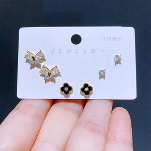 Romantic Clover Butterfly Stud Earrings Set Plated Cubic Zircon Women Jewelry