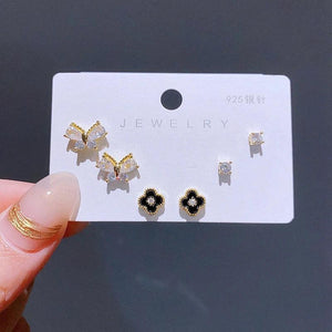 Romantic Clover Butterfly Stud Earrings Set Plated Cubic Zircon Women Jewelry