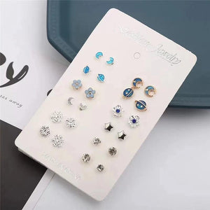 12 Pairs Set Diamond Moon Earth Star Earrings for Women
