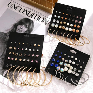 Crystal Pearl Alloy Flowers Stud Earrings Set Metal Lady Jewelry