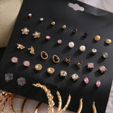 Crystal Pearl Alloy Flowers Stud Earrings Set Metal Lady Jewelry