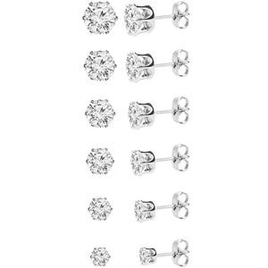 CZ Stud Earring Set 6 Sizes Round Clear Studs 3-8MM