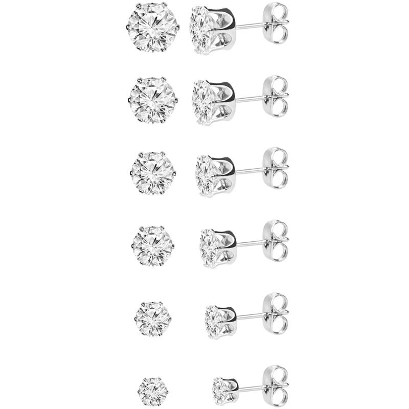 CZ Stud Earring Set 6 Sizes Round Clear Studs 3-8MM