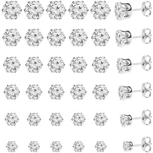 CZ Stud Earring Set 6 Sizes Round Clear Studs 3-8MM