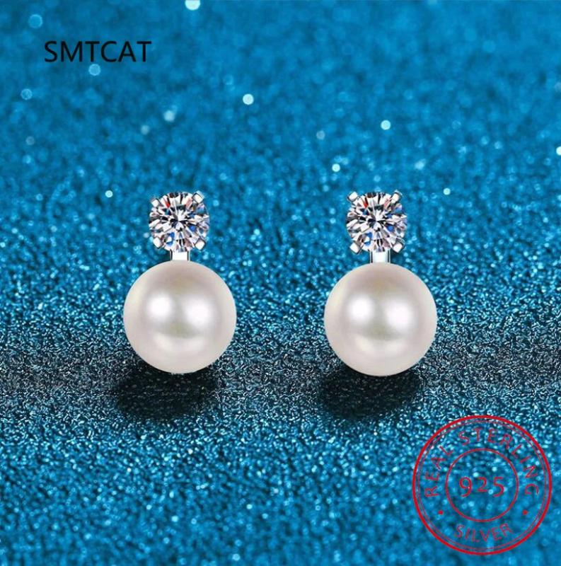 S925 Silver Pearl Moissanite Earrings Plated D Moissanite