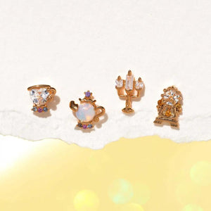 Fairy Small Candle Teapot Stud Earrings Set Zircon Crystal Jewelry