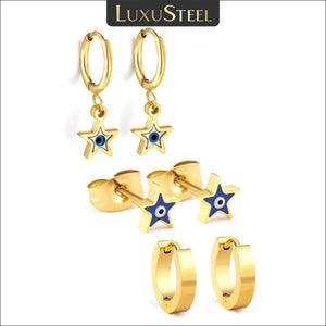 3 Pairs Evil Eyes Star Shape Hoops Studs Punk Clip Earrings