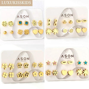 6pairs Tiny Stainless Steel Earrings Set Flower Animals Lips Studs Mix