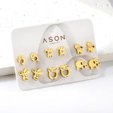 6pairs Tiny Stainless Steel Earrings Set Flower Animals Lips Studs Mix