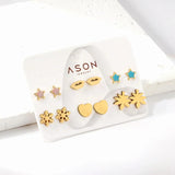 6pairs Tiny Stainless Steel Earrings Set Flower Animals Lips Studs Mix