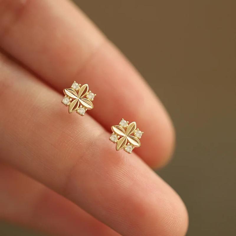 14K Zircon Cross Flower Stud Earrings for Women