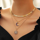 Vintage Metal Sun Moon Layered Necklace