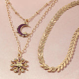 Vintage Metal Sun Moon Layered Necklace