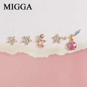 5pcs Flower Stud Earrings Set Crystal Piercing Jewelry