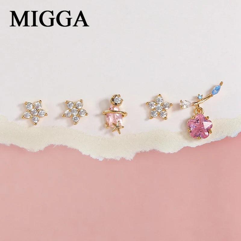 5pcs Flower Stud Earrings Set Crystal Piercing Jewelry