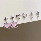 6pcs Silver Y2K Pink Crystal Heart Stud Earring Jewelry