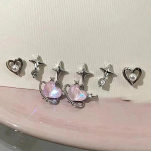 6pcs Silver Y2K Pink Crystal Heart Stud Earring Jewelry