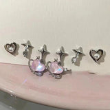 6pcs Silver Y2K Pink Crystal Heart Stud Earring Jewelry