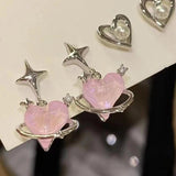 6pcs Silver Y2K Pink Crystal Heart Stud Earring Jewelry