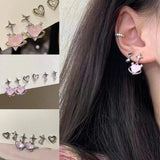 6pcs Silver Y2K Pink Crystal Heart Stud Earring Jewelry
