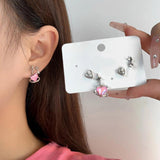 6pcs Silver Y2K Pink Crystal Heart Stud Earring Jewelry