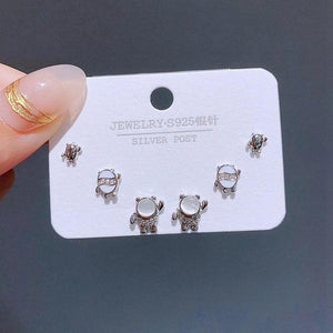 3 Pairs Small Panda Stud Earrings Set - Silver Women Girls Gift Jewelry